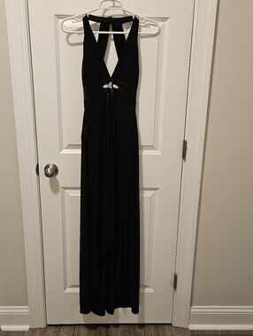 Morgan 4 Ever Black Halter Maxi Dress with Center Accent